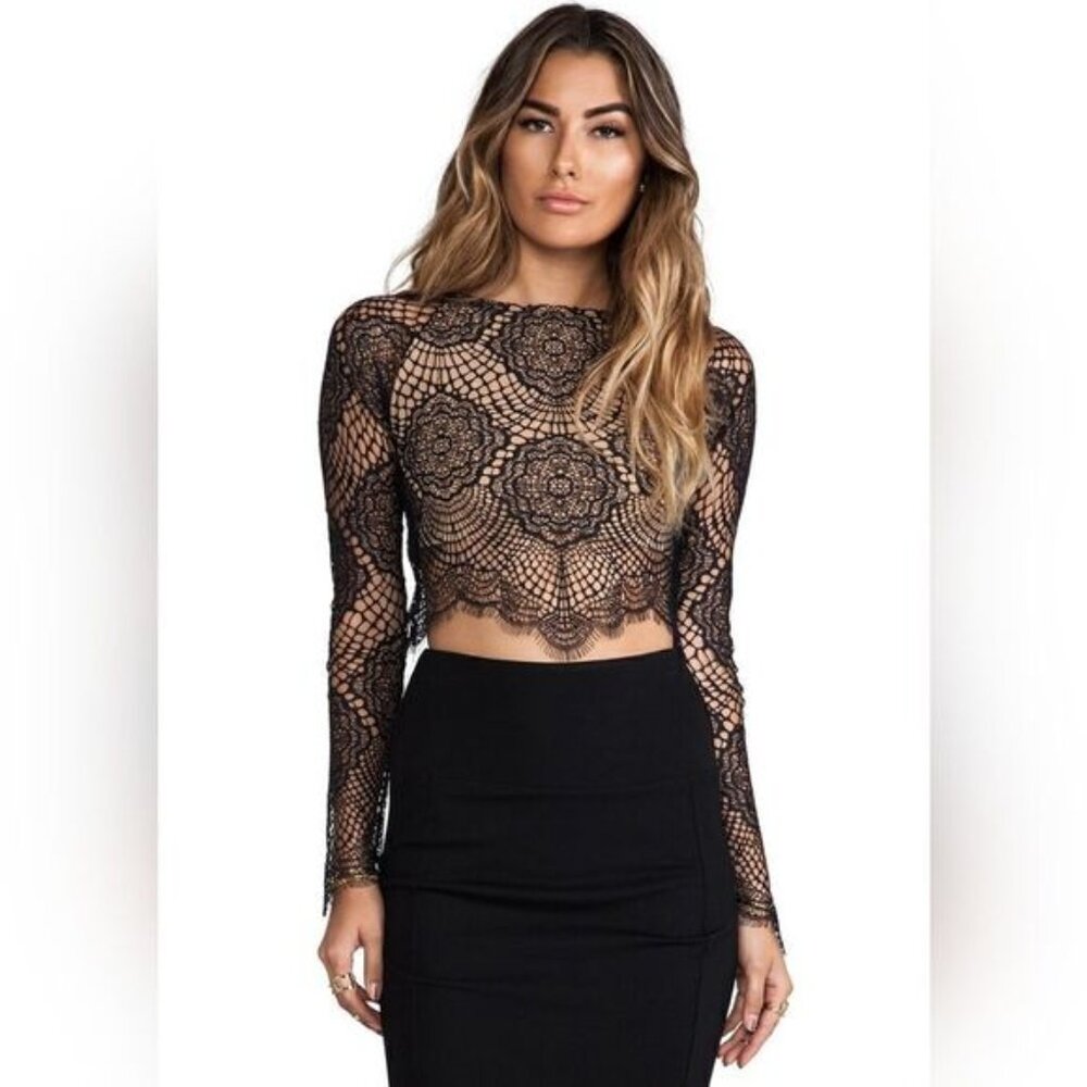 For Love and Lemons Grace lace Crop Top Size L Long Sleeve Black Nude